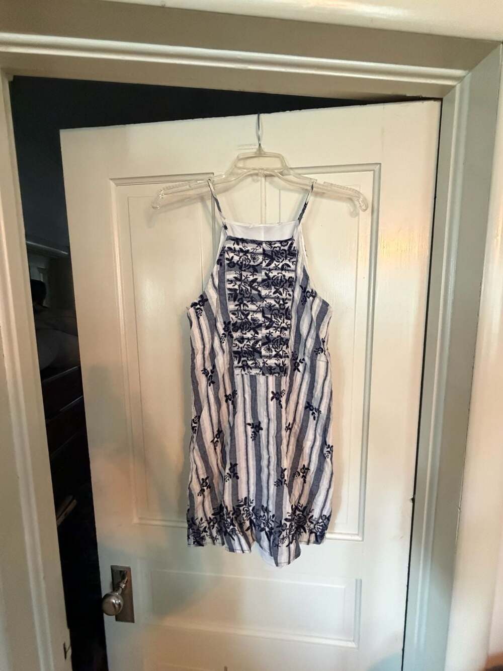 Francesca's Miami Blue and White Striped Embroidered Shift Dress Size XS
